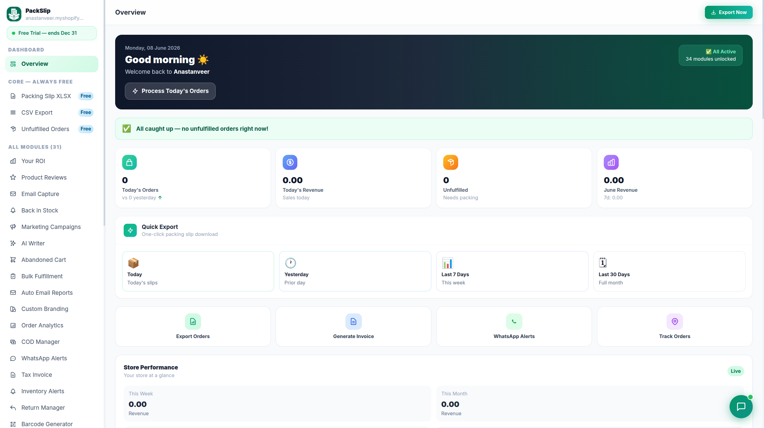 PackSlip Shopify dashboard — orders, modules and fulfillment overview