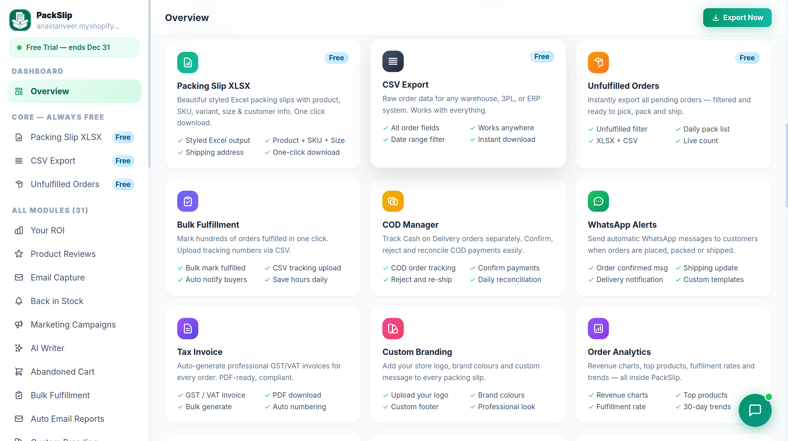 PackSlip modules — packing slips, bulk fulfillment, tracking, WhatsApp alerts and more